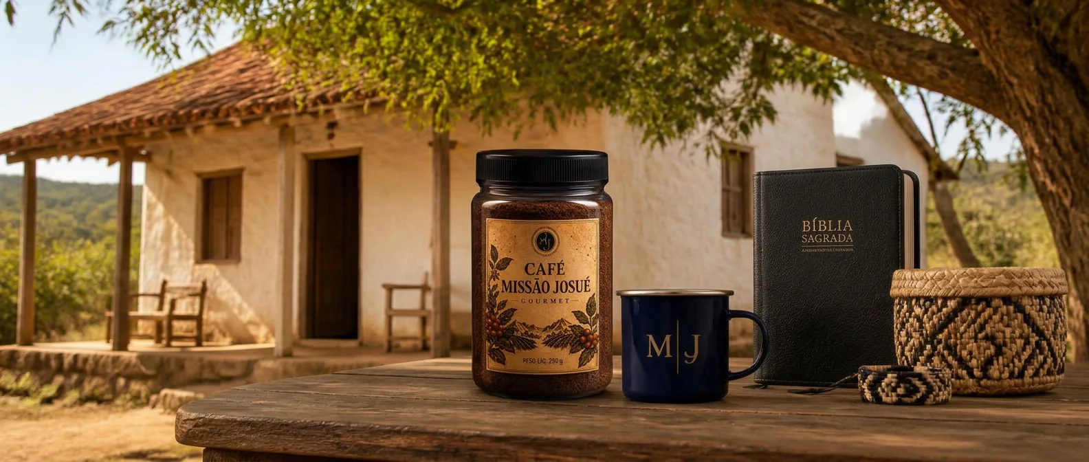 Café, caneca e Bíblia da MJ Shopp em cenário do sertão