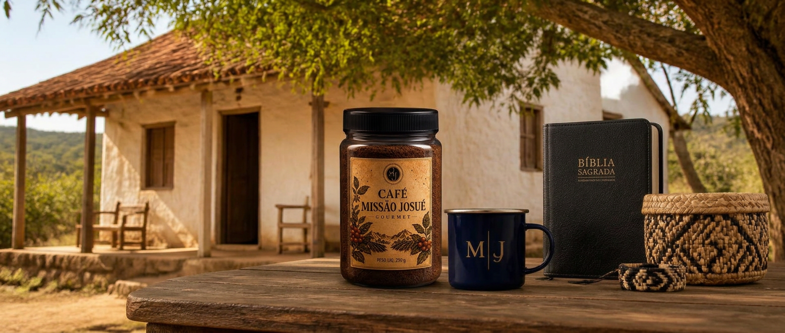Café, caneca e Bíblia da MJ Shopp em cenário do sertão